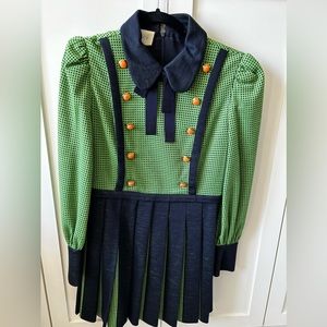 Gucci Pleated green and navy wool knee length dress